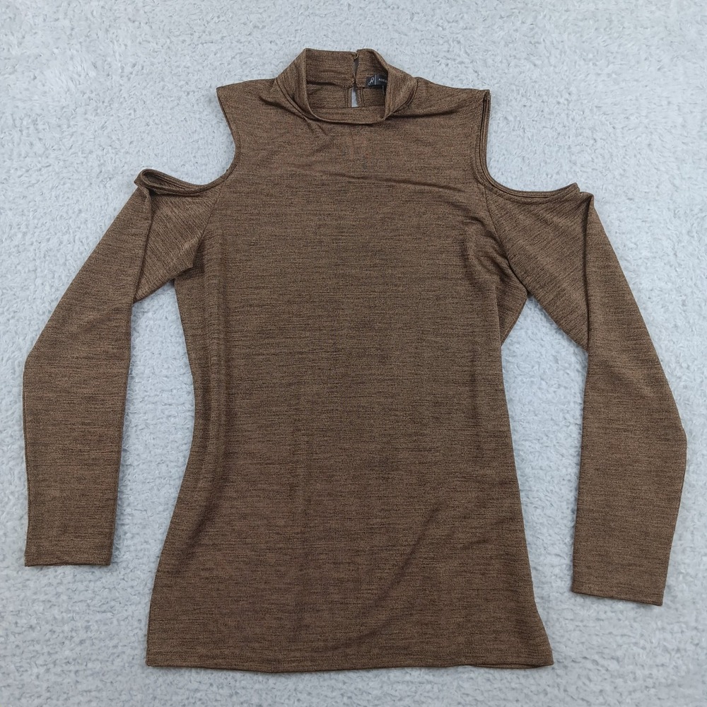 Adrianna Papell Top Cold Shoulder Women M Brown Mock Neck Metallic Knit
